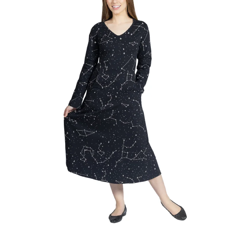 Constellations Glow-in-the-dark Long Sleeves Midi Dress (With Waist Seam) British Gentlewoman Style