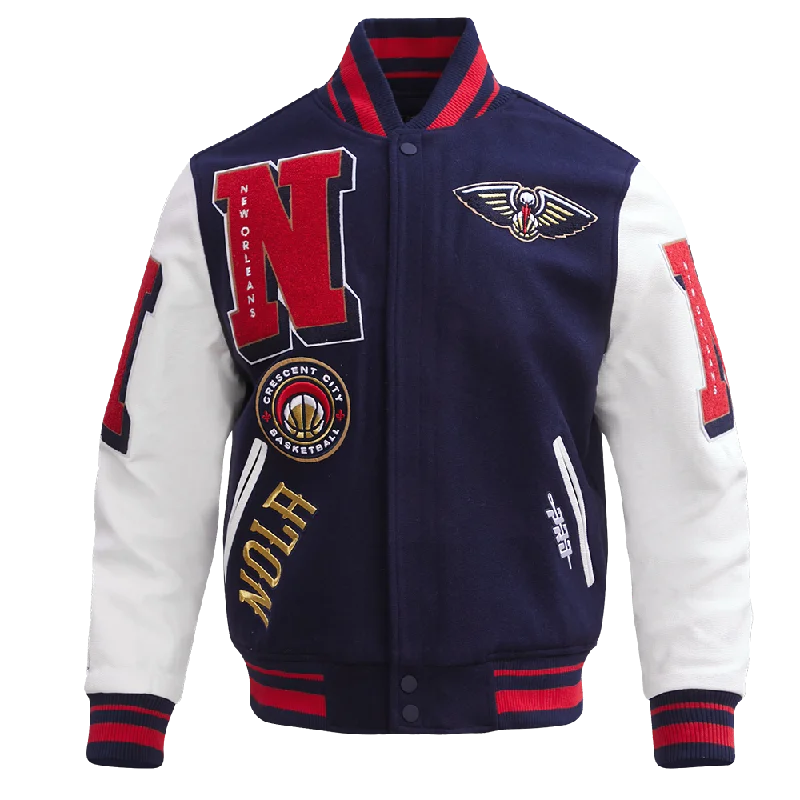 NBA NEW ORLEANS PELICANS MASHUP MEN'S RIB WOOL VARSITY JACKET (MIDNIGHT NAVY/RED/MIDNIGHT NAVY) Monochromatic All - in - one NBA NEW ORLEANS PELICANS MASHUP MEN'S RIB WOOL VARSITY JACKET (MIDNIGHT NAVY/RED/MIDNIGHT NAVY) Monochromatic All - in - one