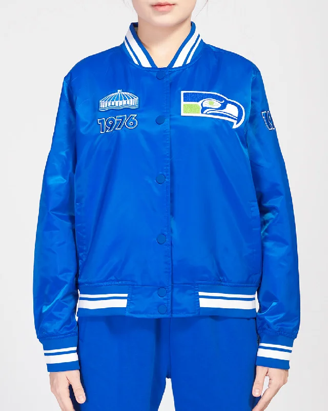 NFL SEATTLE SEAHAWKS RETRO CLASSIC WOMEN'S RIB SATIN JACKET (ROYAL BLUE) Bold Women's Statement NFL SEATTLE SEAHAWKS RETRO CLASSIC WOMEN'S RIB SATIN JACKET (ROYAL BLUE) Bold Women's Statement