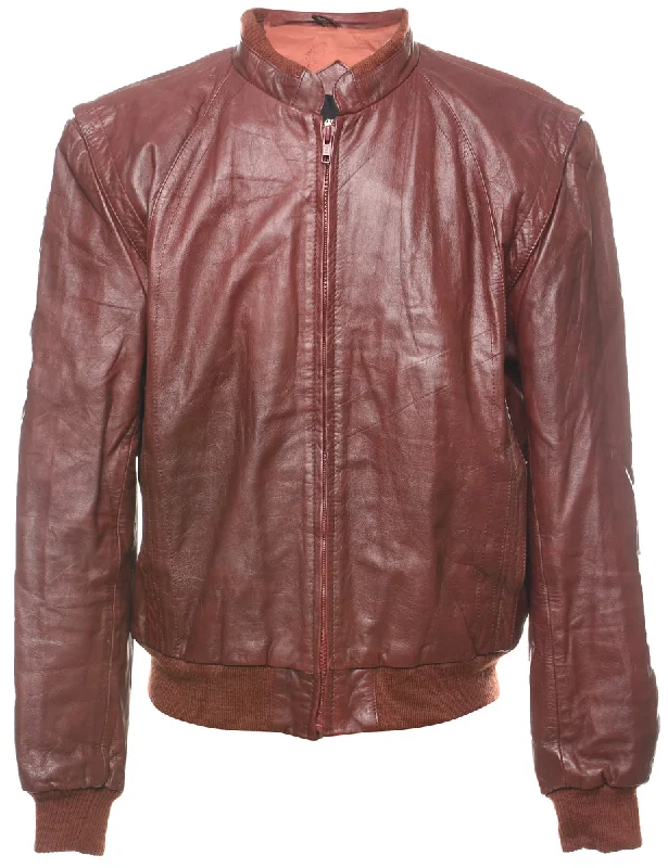Classic Maroon Zip-Front Leather Jacket - M Scandinavian