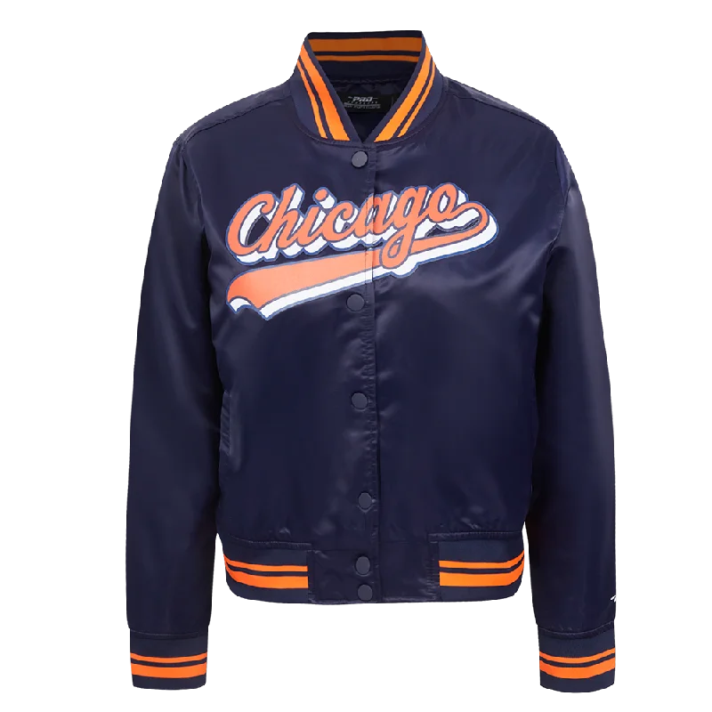 NFL CHICAGO BEARS SCRIPT TAIL WOMEN'S SATIN JACKET (MIDNIGHT NAVY/ORANGE/MIDNIGHT NAVY) Contemporary NFL CHICAGO BEARS SCRIPT TAIL WOMEN'S SATIN JACKET (MIDNIGHT NAVY/ORANGE/MIDNIGHT NAVY) Contemporary