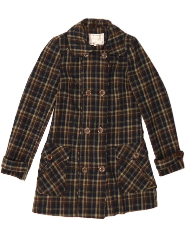 PEPE JEANS Womens Double Breasted Coat UK 14 Medium Brown Check Wool