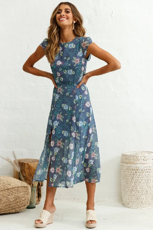 Becky Cap Sleeve Crew Neck Midi Dress Floral Print Ink Monochromatic Office Style