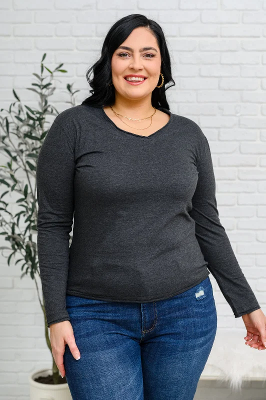 Alpine Raw Edge Long Sleeve Tee in Charcoal Trendy Women's Oversized