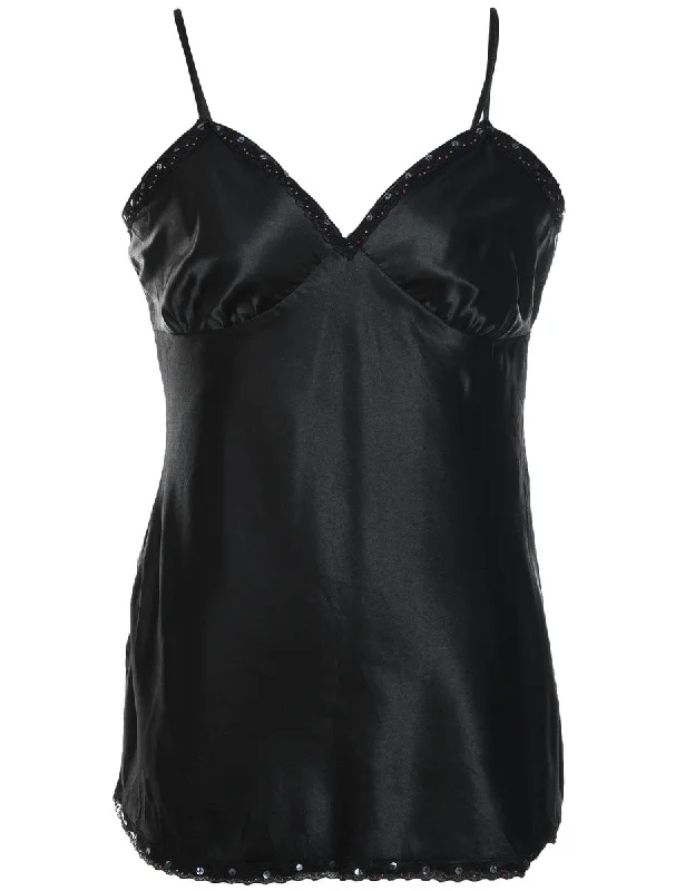 Classic Black Shiny Slip Dress - M Women