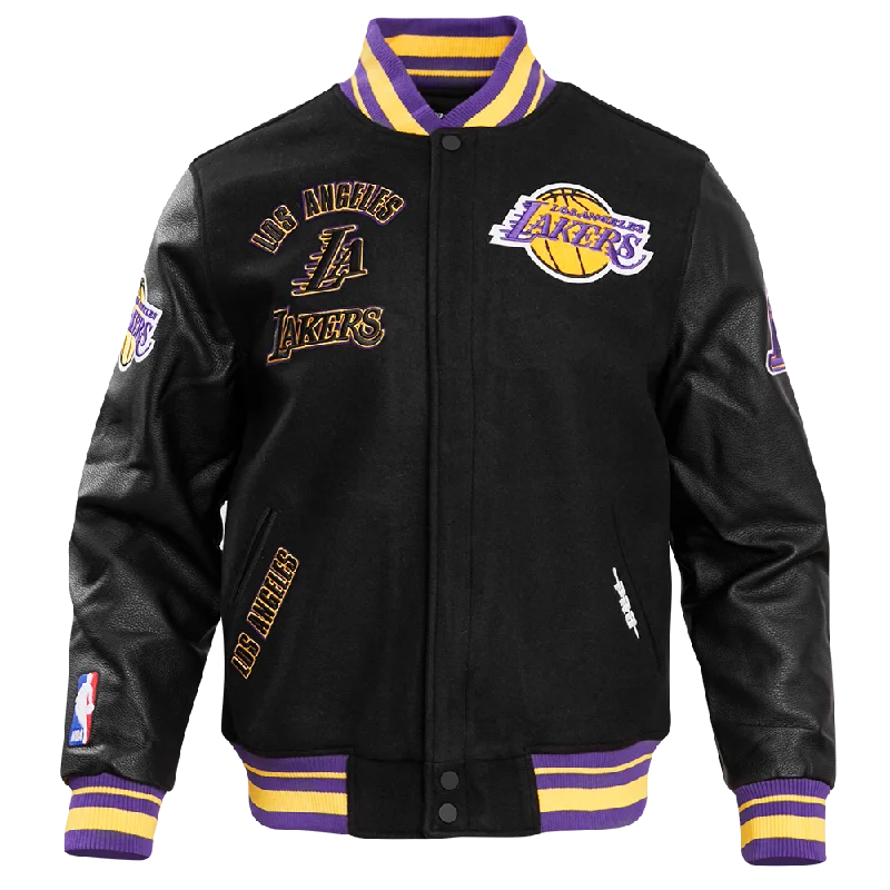 NBA LOS ANGELES LAKERS RETRO CLASSIC MEN'S RIB WOOL VARSITY JACKET (BLACK/PURPLE/YELLOW) garde NBA LOS ANGELES LAKERS RETRO CLASSIC MEN'S RIB WOOL VARSITY JACKET (BLACK/PURPLE/YELLOW) garde