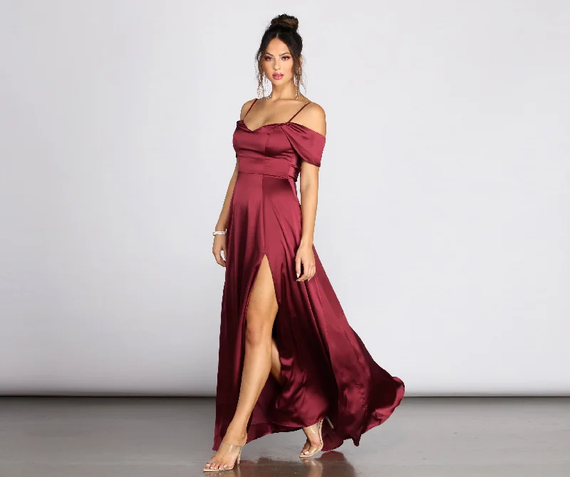 Kara Satin Off Shoulder Formal Gown Refined Women's Velvet