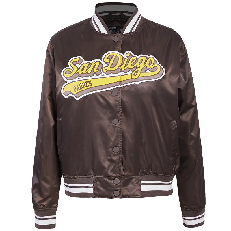 MLB SAN DIEGO PADRES SCRIPT TAIL WOMEN'S SATIN JACKET (BROWN) Laid - back Women's Vibe MLB SAN DIEGO PADRES SCRIPT TAIL WOMEN'S SATIN JACKET (BROWN) Laid - back Women's Vibe