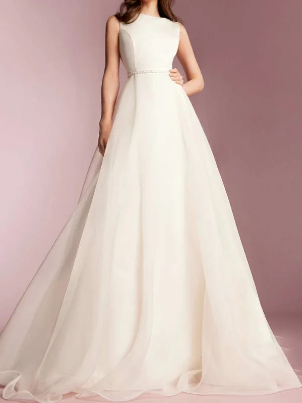 A Line Sleeveless Simple Boat Neck Wedding Dress Sustainable Organic