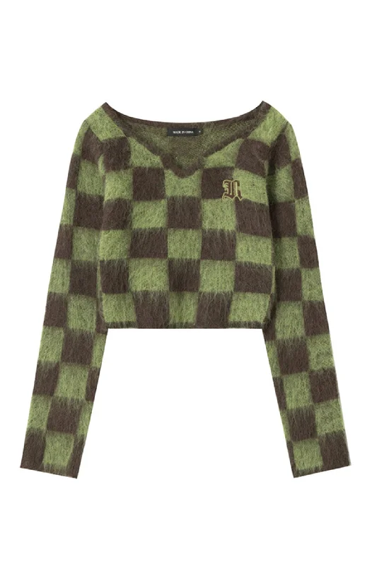 BerryBetty - V Neck Mohair Checkerboard Sweater Cool Women's Distressed