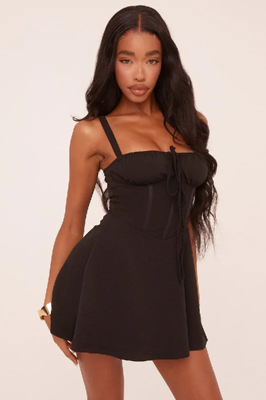 Black Corset Tie Detail Mini Dress - Silvie Cozy Women's Winter