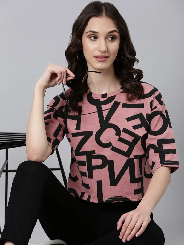 Women Mauve Typographic Crop Boxy Tshirt Practical Women's Multi - 