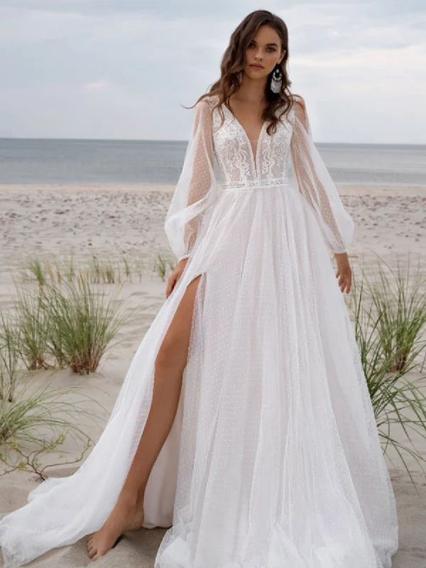Boho Wedding Dress With Puff Sleeves Beach V-neck Tulle Geometric