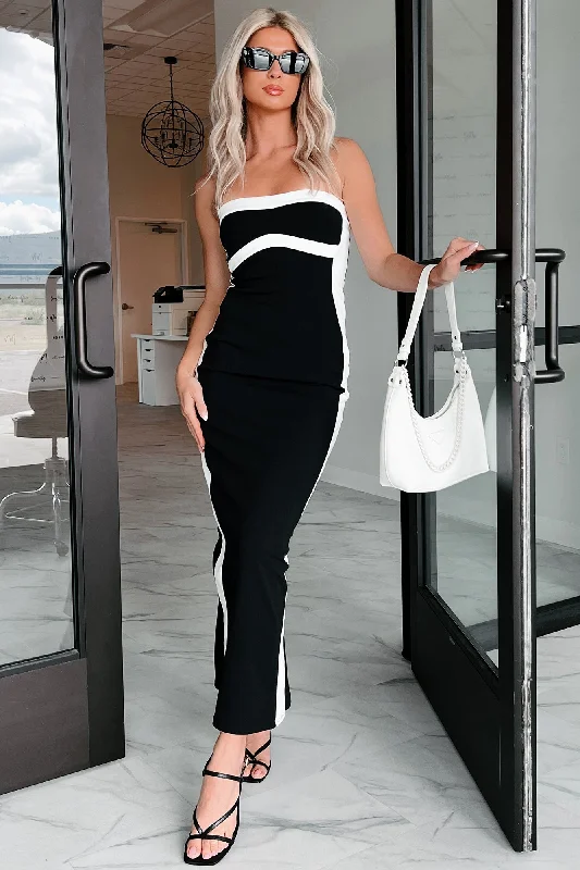 You'll Remember Me Strapless Contrast Maxi Dress (Black) Monochromatic All - in - one
