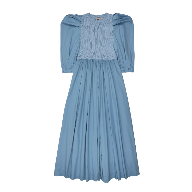 maxi dress ribbed knit top with puff cotton sleeves - summer blue Compression