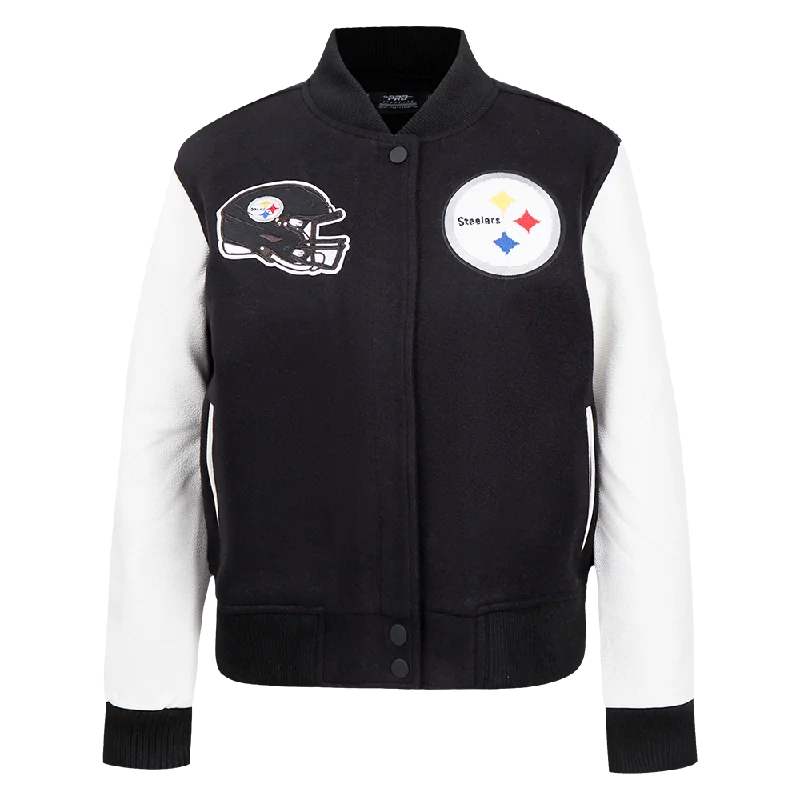 NFL PITTSBURGH STEELERS CLASSIC WOMEN'S WOOL VARSITY JACKET (BLACK/WHITE) Trendy Women's Oversized NFL PITTSBURGH STEELERS CLASSIC WOMEN'S WOOL VARSITY JACKET (BLACK/WHITE) Trendy Women's Oversized