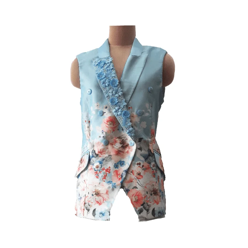 Blue Floral Satin Blazer Country
