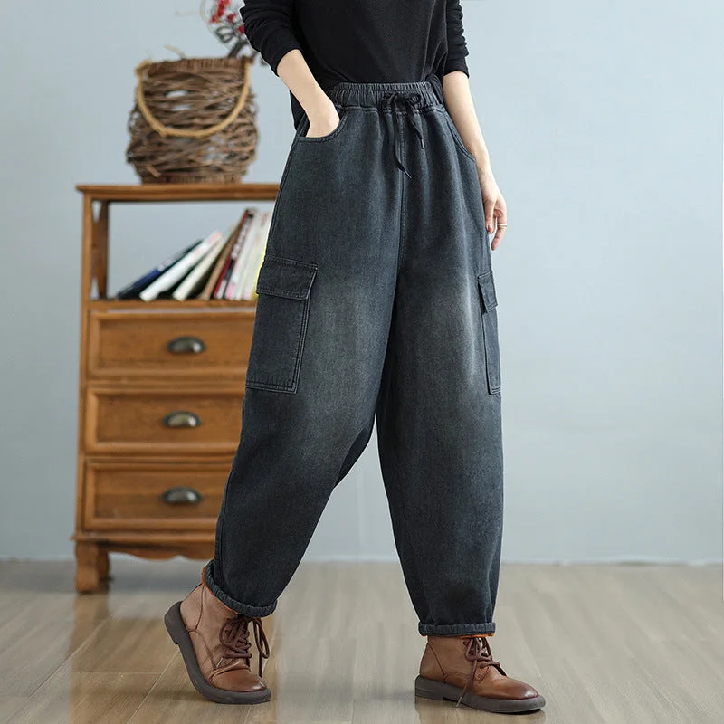 Women Winter Retro Plus-Size Fleece-Lined Relaxed Fit Thick Harem Pants