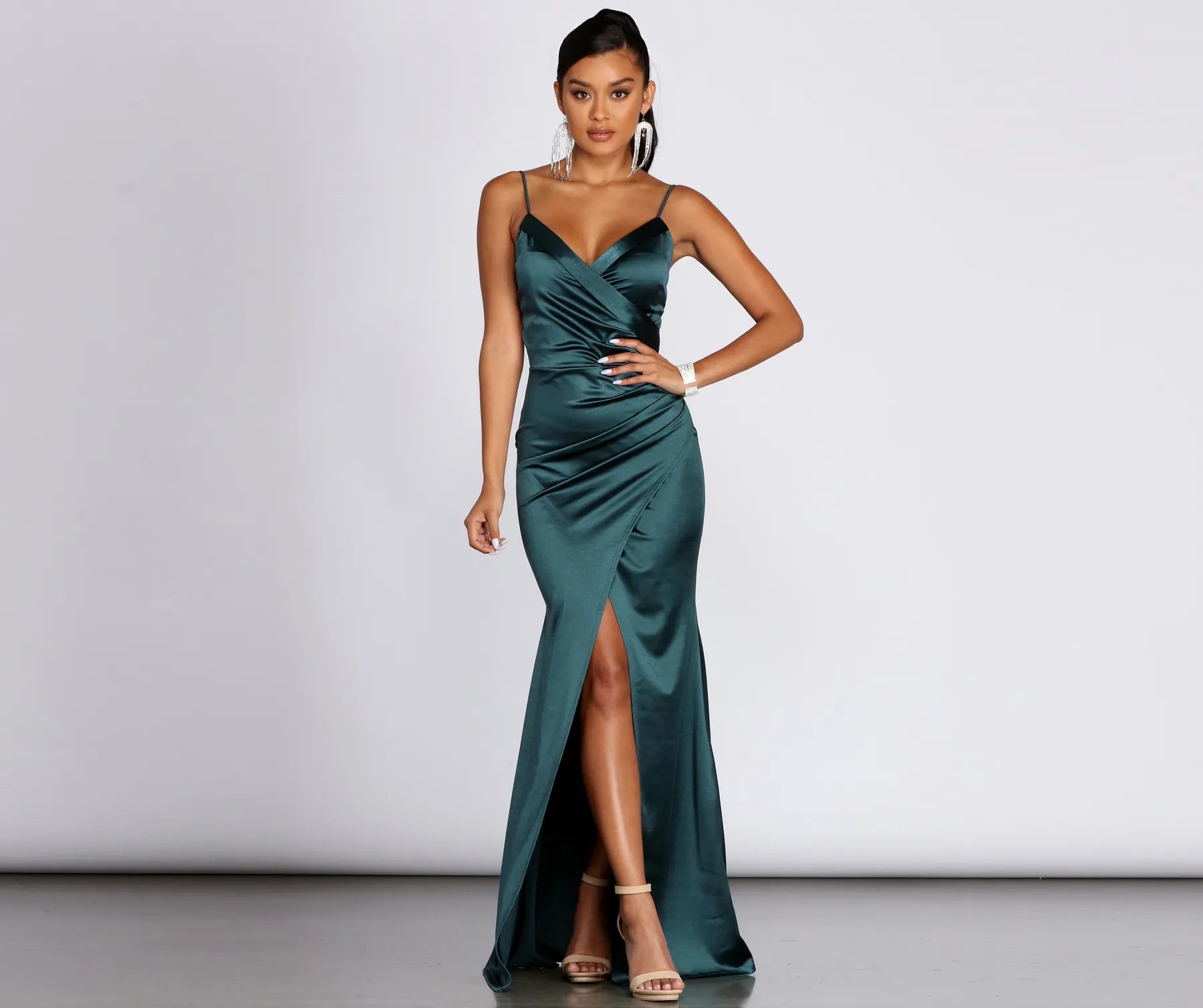 Karen Satin Wrap Formal Gown Sleek Women's 