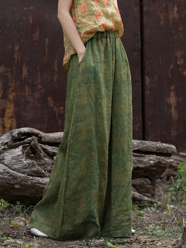 Women Vintage Green Oversized Flowing Wide- Leg Ramie Pants Relaxed Women's 