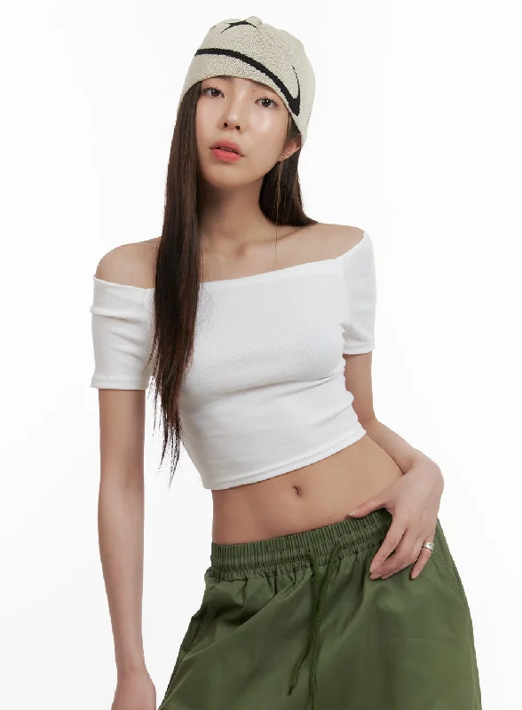 Solid Off Shoulder Crop Top OA429 Casual Women's Loose - fitting