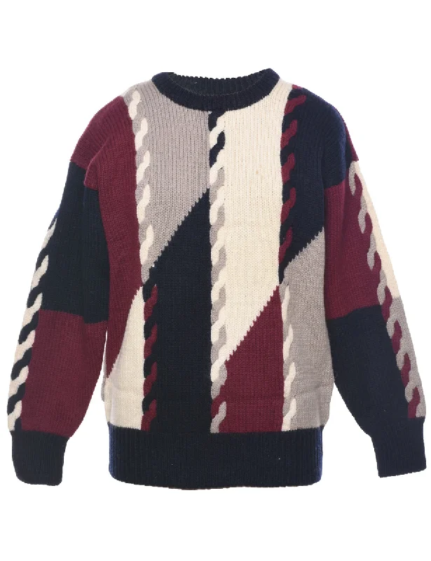 Colour Block Cable Knit Jumper - M Unique Women's Upcycled