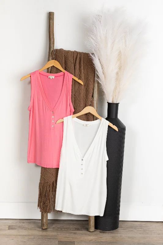 Washed V-Neck Henley Knit Tank Top Sharp Women's Italian