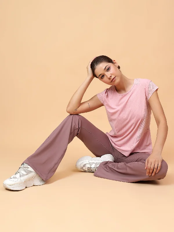 Women's Pink Solid Relaxed Fit Mesh Inserts T-shirt Gym