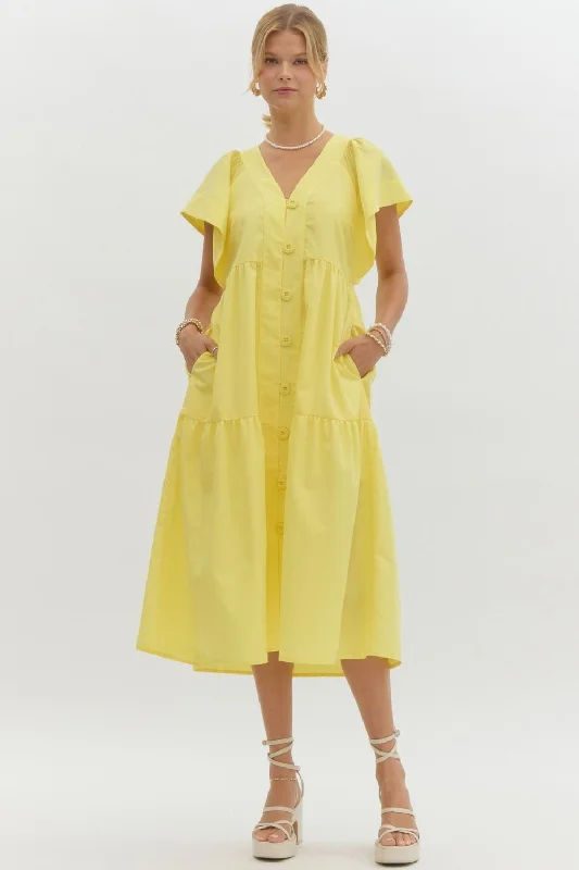 Sunlit Morning Yellow Midi Dress Tough Women's Military - inspired