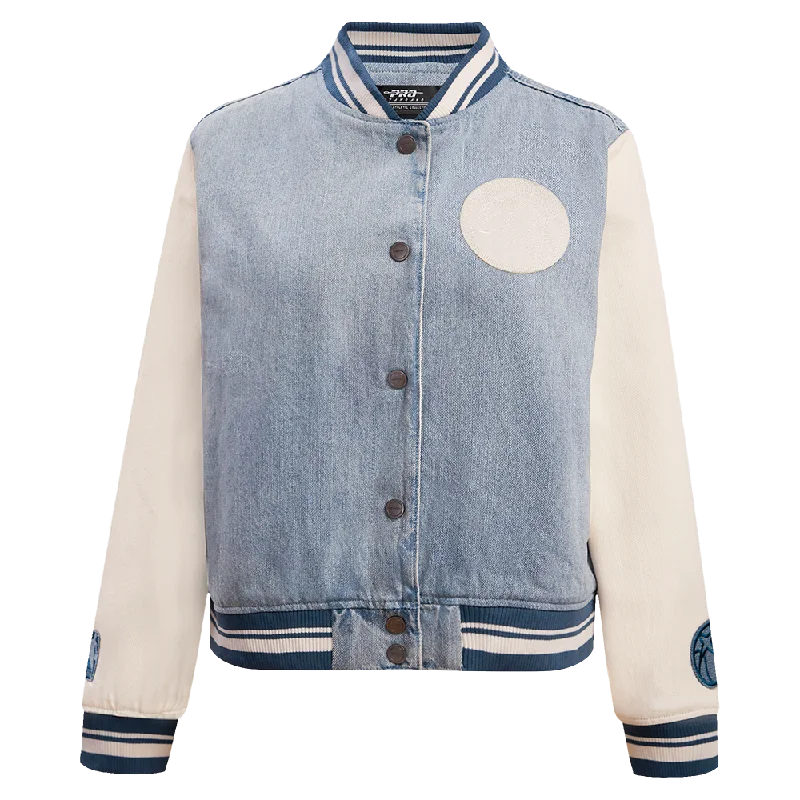 NBA MINNESOTA TIMBERWOLVES VARSITY BLUES WOMEN'S DENIM VARSITY JACKET (DENIM/LINEN) Laid - back Women's Style NBA MINNESOTA TIMBERWOLVES VARSITY BLUES WOMEN'S DENIM VARSITY JACKET (DENIM/LINEN) Laid - back Women's Style