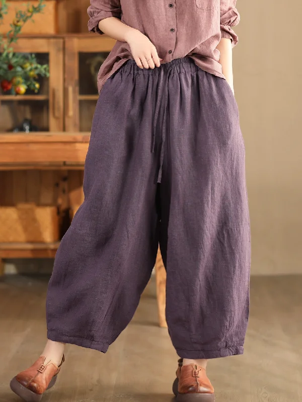 Babakud Women Autumn Retro Loose Solid Colors Hemp Harem Pants Traditional Women's 