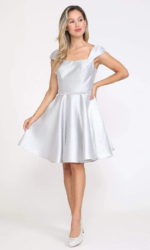 Poly USA - 8416 Cap Sleeve Embellished Waist Short Dress