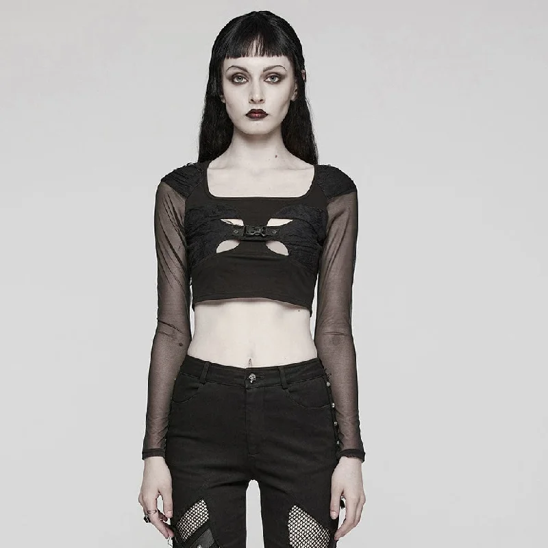 Women's Gothic Cutout Mesh Buckle Long Sleeved Crop Top Sleek Women's Metallic