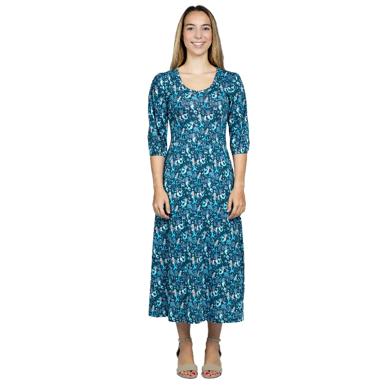 Mermaids Elastic Puff-Sleeve Midi Dress (With Waist Seam) European