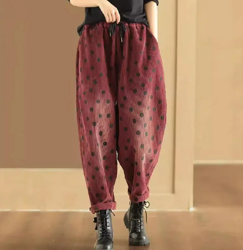 Women Vintage Corduroy Polka Dot Loose Harem Pants