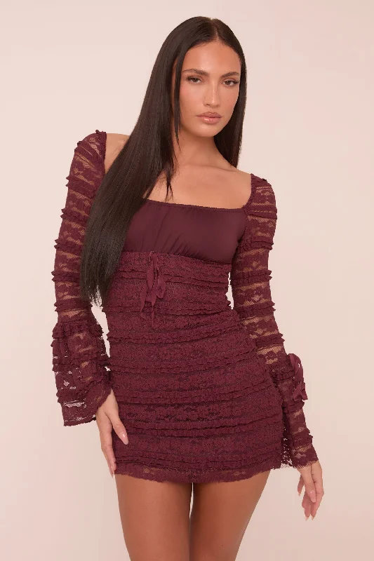 Wine Lace Long Sleeve Mini Dress - Theo