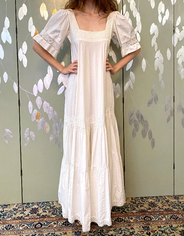 Vintage 1970s White Cotton Crochet Laura Ashley Maxi Dress, XS