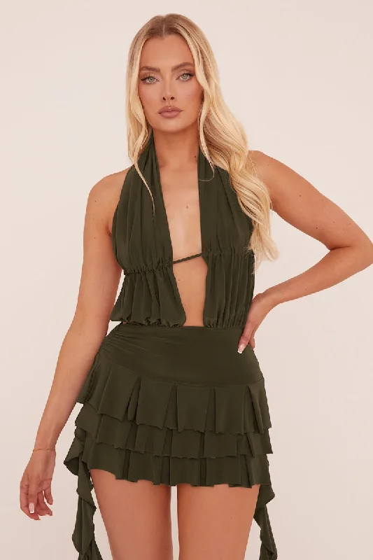 Khaki Plunge Neck Frill Detail Mini Dress - Swan Australian Beach