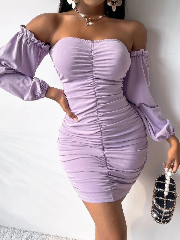 Plain Lettuce Trim Long Sleeve Off The Shoulder Pencil Natural Mini Dress Modern Women's 