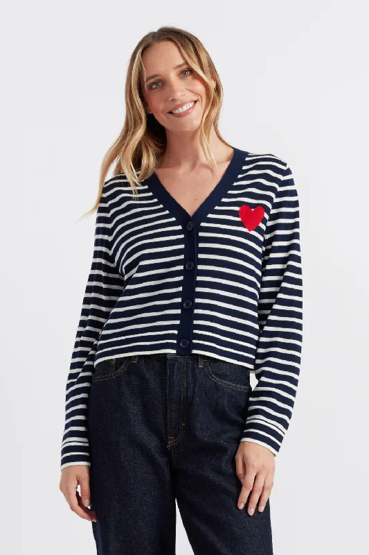 Navy-Cream Merino Heart Breton Cardigan Laid - back Women's Style