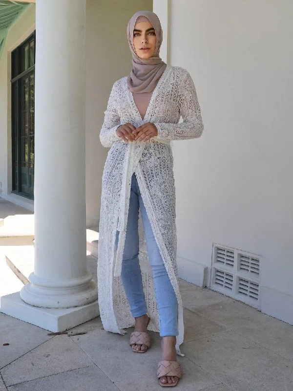 White Lace Tie Waist Cardigan Modern Women's 
