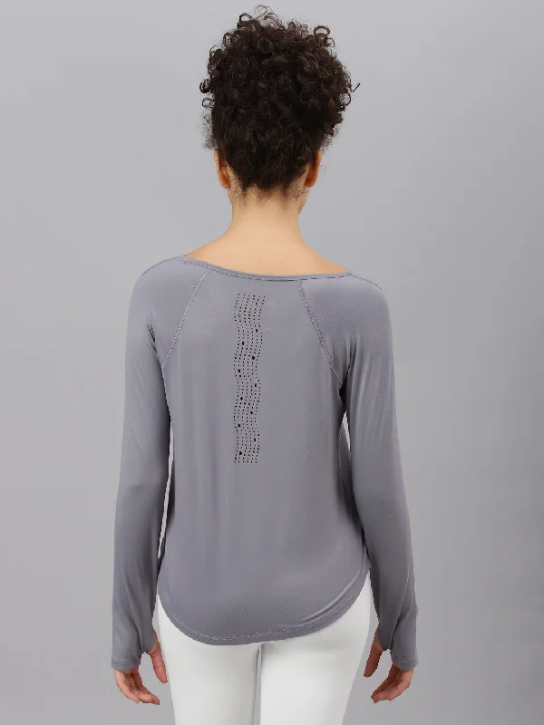 Fitkin women's grey round neck back laser cut design full sleeves t-shirt Feminine Women's Soft 