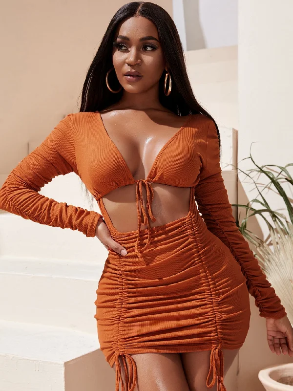 Plain Drawstring Long Sleeve Deep V Neck Pencil Natural Mini Dress Adventure