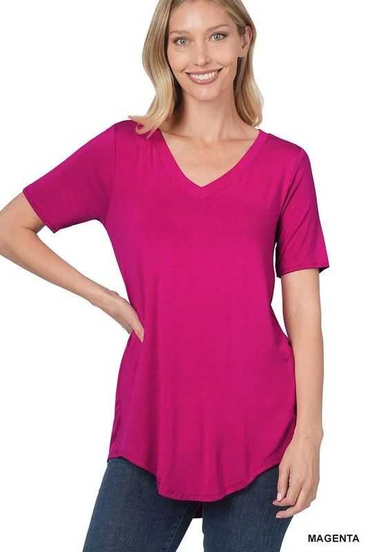 LUXE RAYON SHORT SLEEVE V-NECK HI-LOW HEM TOP Confident Women's High - fashion