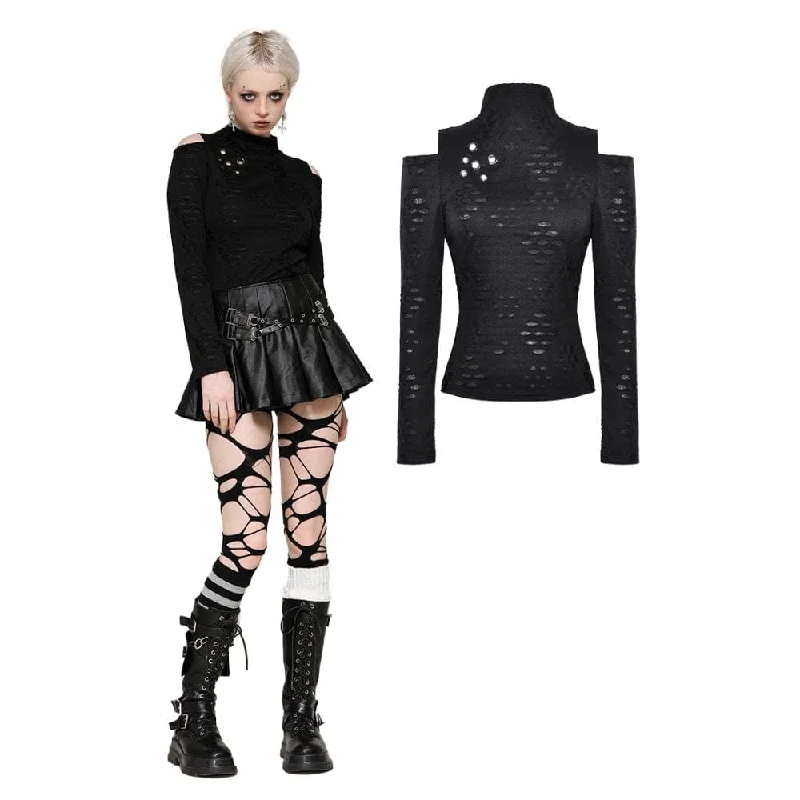 Women's Punk Ripped Eyelets Long Sleeved Blouse Geometric