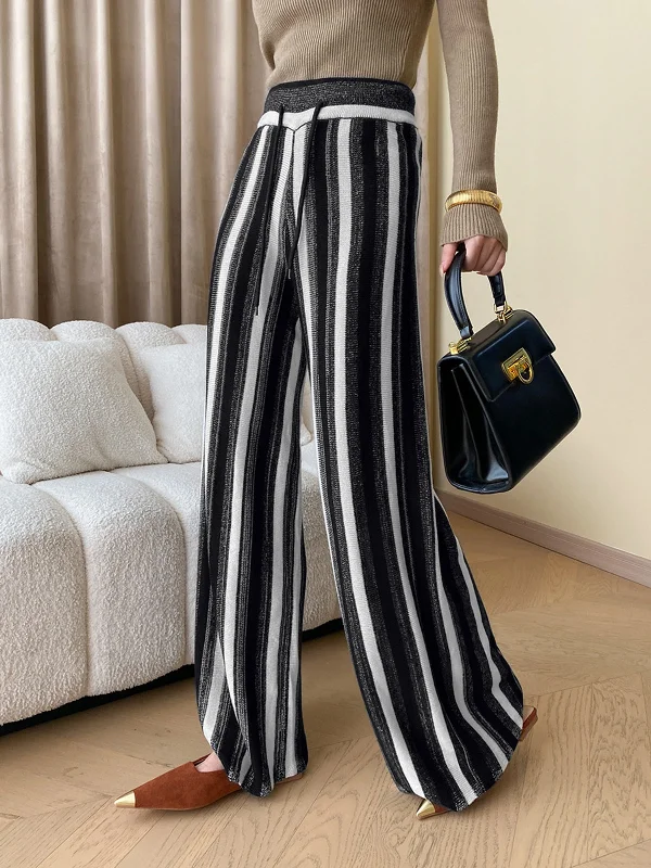 BerryBetty - Stripe Knit Wide Leg Pants Youthful Women's Anime - inspired