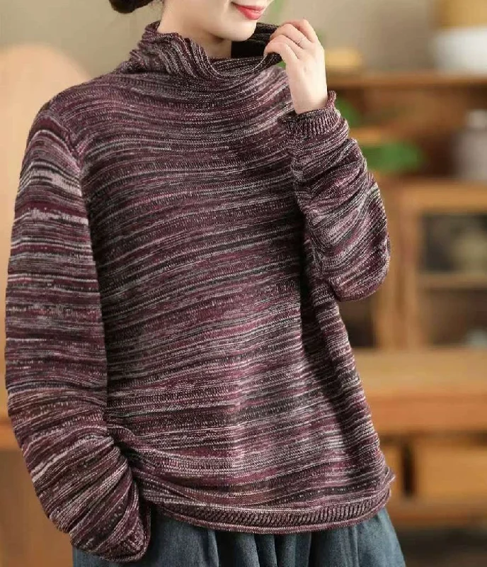 Women Casual Striped Turtleneck Knit Sweater Disco