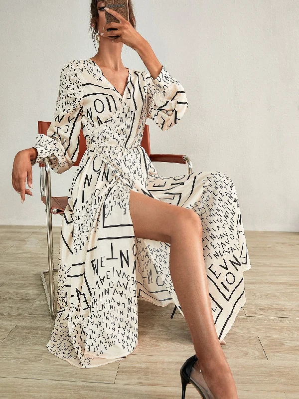 Scarf Print Knot Long Sleeve V Neck Semi-Sheer Flared High Waist Long Dress Hip Women's Urban Scarf Print Knot Long Sleeve V Neck Semi-Sheer Flared High Waist Long Dress Hip Women's Urban