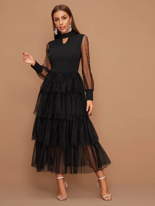 Plain Zipper Long Sleeve Keyhole Neckline Layered/Tiered High Waist Long Dress Confident Women's Power