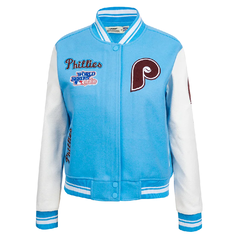 MLB PHILADELPHIA PHILLIES RETRO CLASSIC WOMEN'S RIB WOOL VARSITY JACKET (UNIVERSITY BLUE/WHITE)